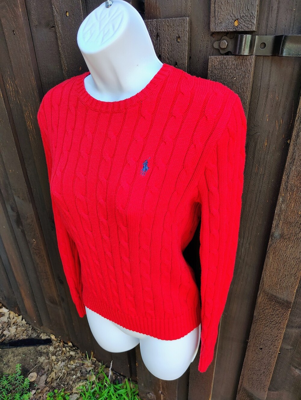 Ralph Lauren Red Cable-Knit Crewneck Sweater with Polo Logo
